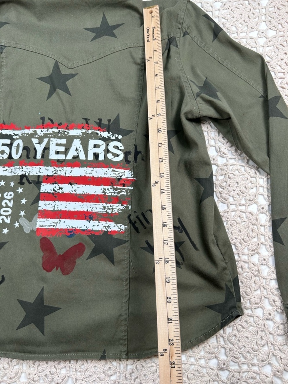 Knox Rose XL Olive Green Star Print Jacket USA Flag Patch 250 Years Graphic - Picture 6 of 15